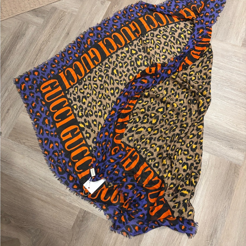 Gucci Leopard Print Scarf - Blue and Orange - Picture 3 of 3